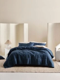 Linen House Nimes Navy Linen Coverlet
