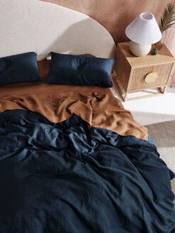Linen House Nimes Navy Linen Quilt Cover Set -Linen House Dreamscape Sales Store lh nimes navy cinnamon lifestyle qcs h1 1