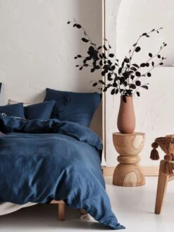 Linen House Nimes Navy Linen Quilt Cover Set -Linen House Dreamscape Sales Store lh nimes navy qcs d1